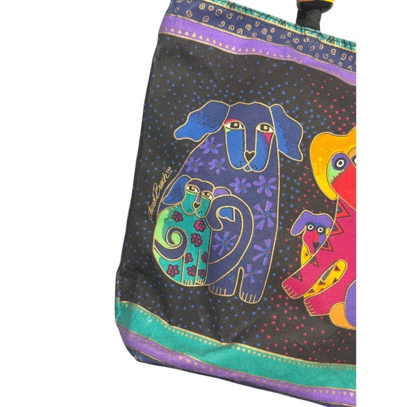 Laurel Burch Dogs and Doggies Canvas Bag Large 18" Artsy Travel Book Tote Sack - Picture 3 of 16